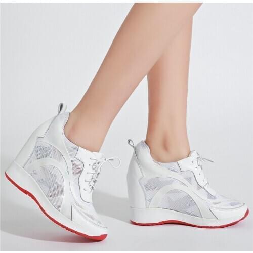 Women Breathable Genuine Leather Platform Wedges High Heel Pumps Shoes Female Lace Up Round Toe Fashion Sneakers Casual Shoes