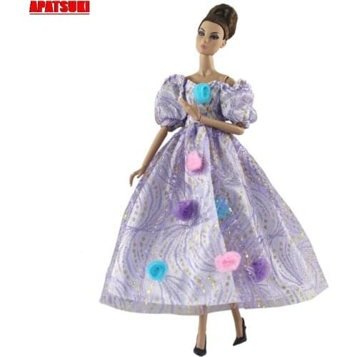 Purple Formal Evening Party Dress With Rose for Barbie Doll Clothes for 1/6 Dolls Toys For Children Doll House Costume Party Kid