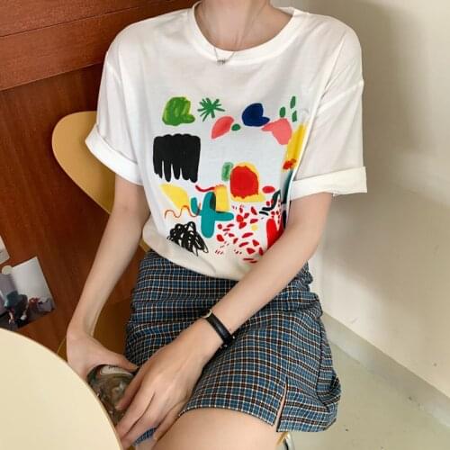 T Shirt Korean Summer Women graffiti Printed Cartoon novelty tshirt Buttercup Streetwear Harajuku Tee Shirt Femme Clothes white