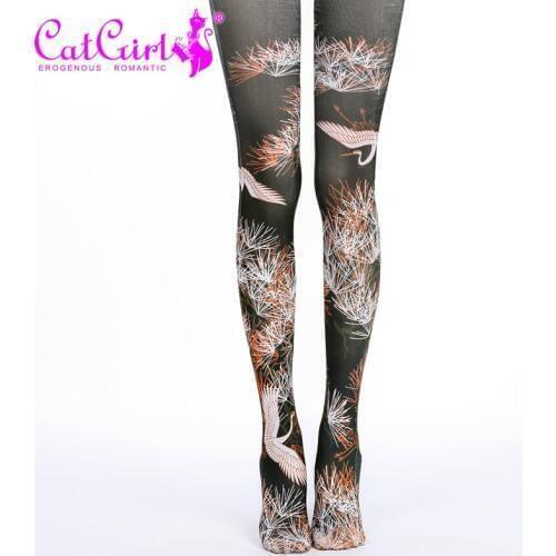 RUIN Womens Tight Womens' pantyhose bottoming tights black pantyhose crane printing girls tights