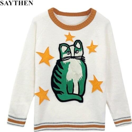SAYTHEN Cute Black Sweater White Pullover 2021 Fall Winter Sweater Women Neck Contrast Stripes Animal Embroidery Knitted Jumpers