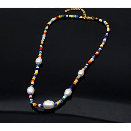 New Bohemian Women Necklace Pearls Natural Freshwater Pearl Fine Rainbow Rice Bead Ethnic Style Short Female Necklace Gift