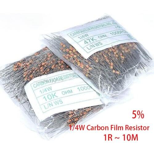 1000pcs 1/4W Carbon Film Resistor 5% 1R ~ 10M 0R 10R 100R 220R 330R 1K 2.2K 3.3K 4.7K 10K 22K 47K 100K 1M 0 10 100 220 330 ohm