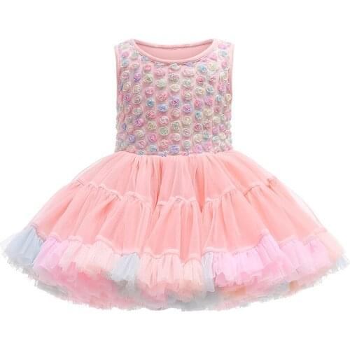 2021 New Shrimp Pink Mesh Flower Childrens Dress For Girls Ballet Sleeveless Dress Kids Rainbow Mesh Puffy Dress 1-6 Years Old