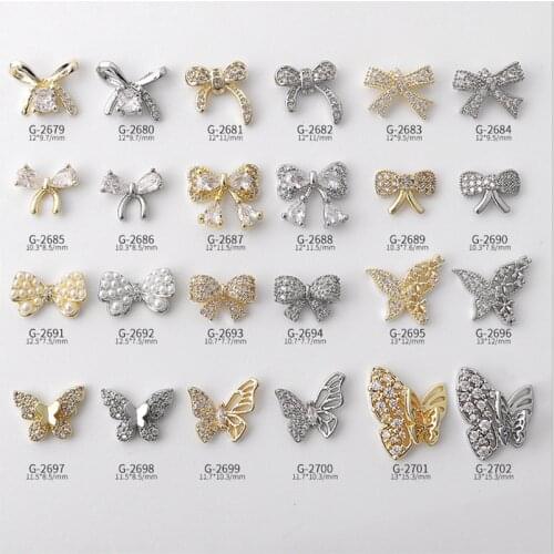3PCS, Nail Art Dedicate Bows butterflys Zircon Pearls Rhinestones With Gold Silver Alloy For Nail Tips Decorations