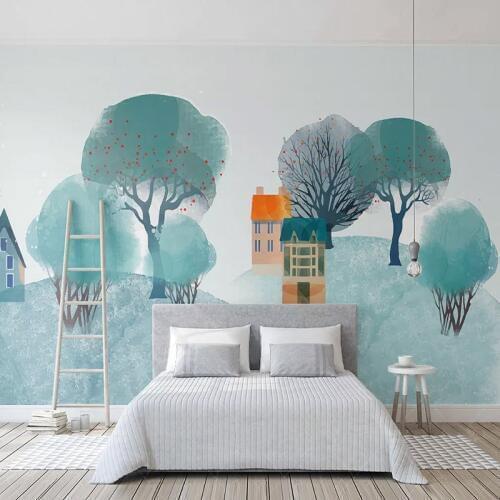 Custom Mural Wallpaper 3D Tree Hill House Wall Painting Living Room Cartoon Kids Bedroom Fresco Self-Adhesive Waterproof Sticker