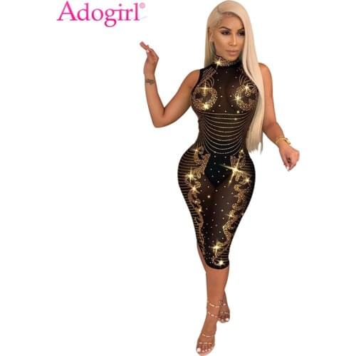 Adogirl Sparkling Diamonds Sheer Mesh Bodycon Dress Turtleneck Sleeveless Bandage Midi Night Club Party Dresses Vestido Outfits
