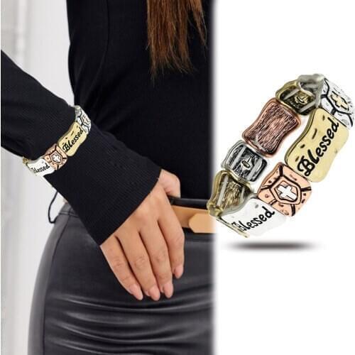 Blessed Christian Religious Cross Stretch Cuff Bracelet Bangle Retro Gold Classic Vintage Couple Bracelet