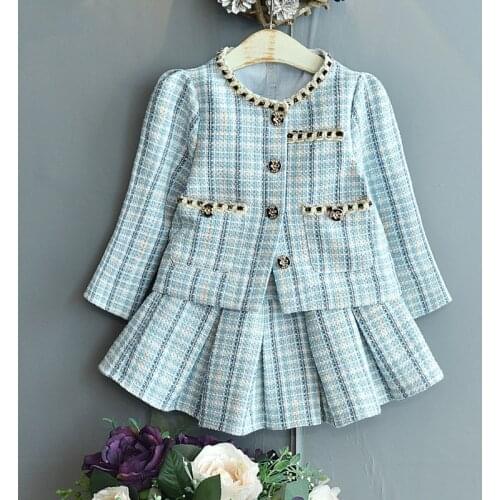 Spring Autumn Girl Clothes Set New Fashion Long Sleeve Plaid Printed Cardigan + Skirt 2PCS Party Kids Clothes Children Set