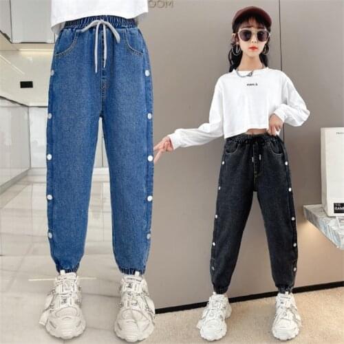 Kids Pants Solid Color Jeans For Girls Side Buttons jeans Autumn Casual Teenage Childrens Pants 3-14 Yrs Elastic Denim Trousers
