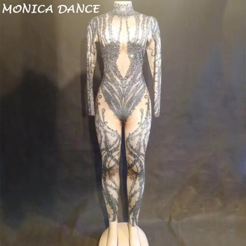 Nightclub DjDs Bar Wear Sexy Black Nude Rhinestone Jumpsuit Stones Bodysuit Leggings Prom Celebrate Outfit Performance Jumpsuit