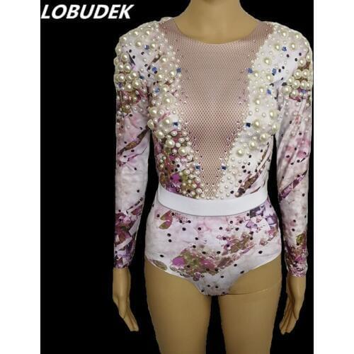 White Pearls Rhinestones Printed Long Sleeve Bodysuit Leading Dancer Performance Stage Wear Bar Party Show Sexy Dance Costume