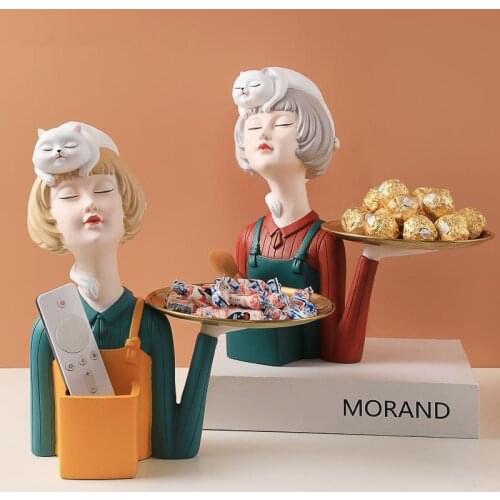 Creative Modern Girl Resin Art Statue Gift Entrance Key Storage Tray Sculpture Ornaments Home Decoration Tabletop Figurines