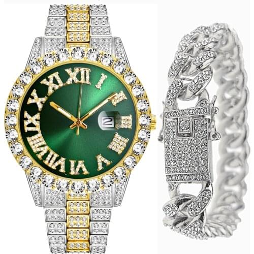 Iced Out Bracelet for Men Bling Miami Cuban Chain Rhinestone Iced Out Watch for Men Jewelry Hip Hop Luxury Gold Watch Men Bangle