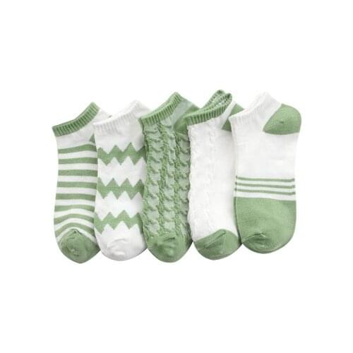 Low Cut Socks Set 5 Pairs Women Breathable Footwear Spring Green Stripes Fashion Soft Femme Socks Pack