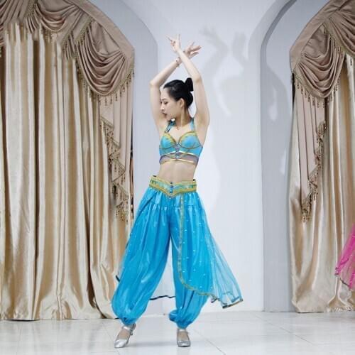 New Women Halloween Costumes Jasmine Princess Performance Belly Dance Bollywood Top Belt Pants Veil Headwear Costume