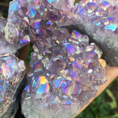 Lovely rainbow angel aura crazy amethyst clusters natural quartz crystal rough lealing stone for children gifts