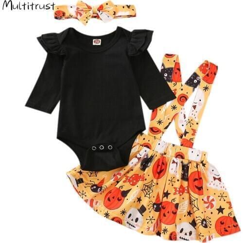 Baby Girl Clothes 3pcs Suit Fashion Solid Color Long Sleeve Bodysuit Pumpkin Print Suspender Skirt + Headband