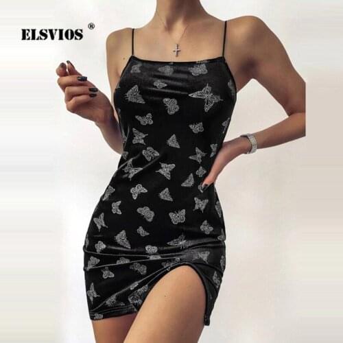 Summer Sexy Ladies Sling Off-shoulder Butterfly Printed A-line Dress Elegant Slim Sleeveless Backless Split Casual Party Dresses