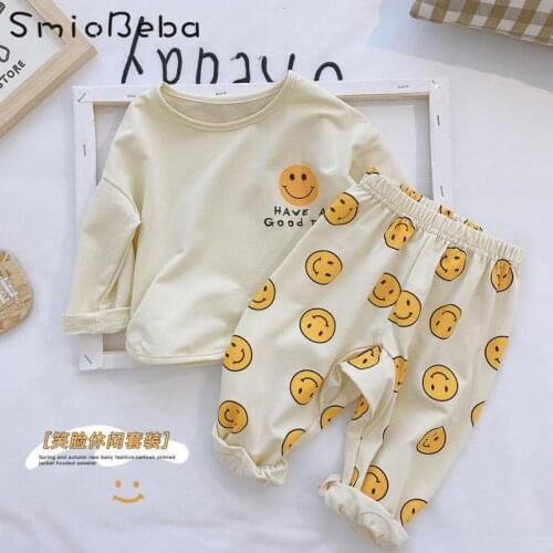 Spring And Summer Boys And Girls Cute 2PCS Sets Smile Long Sleeve Cotton T-shirt Pants Two Piece Baby Loose Casual Suit Korean