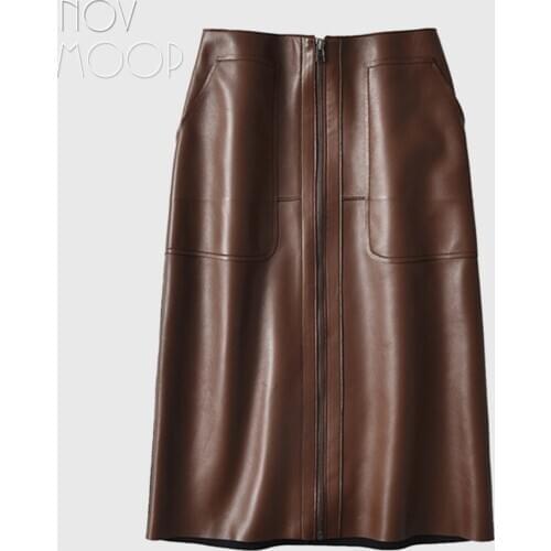 Novmoop Italy vintage style women spring dark brown A-line sheepskin genuine leather skirt with zipper pocket decor LT3042