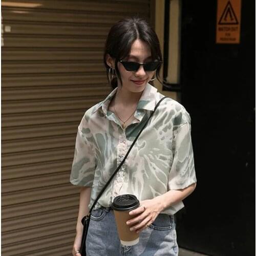 2021 Summer Street Style Ink painting Women Blouse Shirt Oversize Button Up Ladies Shirts Short Sleeve Plus Size Female Clothing