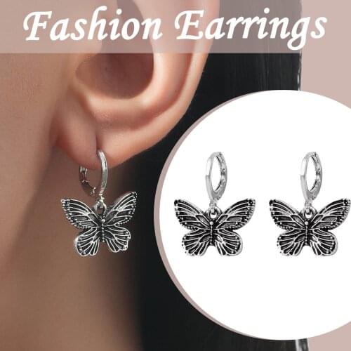 2021 Vintage 90s Butterfly Alloy Silver Color Hoop Earrings For Women Girl Trendy Harajuku Cool Hip Hop Animal Earrings Jewelry