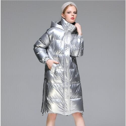 Female Down Jacket silver Women Long White Duck Down Coat Women Thick Hooded Winter Female Puffer Jackets Feather Parkas clothes