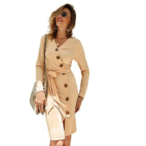 Euramerican Luxury Dress Women Fashion Party Elegant V-Neck Knitted Cotton Dress Buttons Sashes Ribbed Sheath Midi Lady Dresses