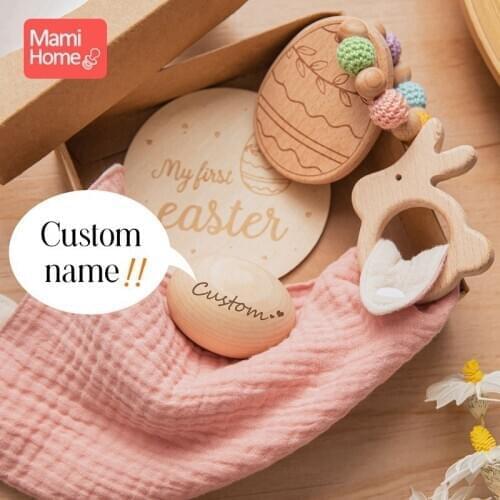 4PC/Set Baby Toddler Toys Bracelet Custom Easter Basket Stuffer Milepost Saliva Towel Personalized Name Nurse Gifts With Box