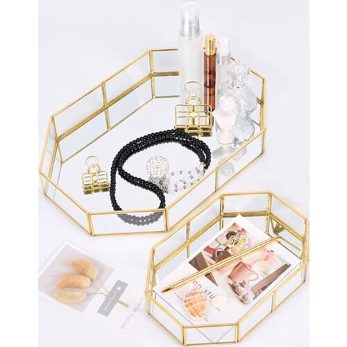 ALIZONE Retro Storage Tray Gold Rectangle Glass Makeup Organizer Tray Dessert Plate Jewelry Display Home Kitchen Decor