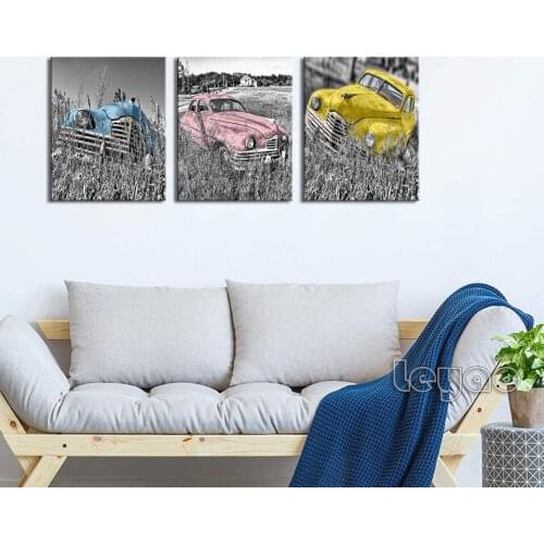 Diamond Painting 3 Piece Colorful Vintage Car Picture Triptych Diamond Embroidery Black and White Artwork Rustic Country Style