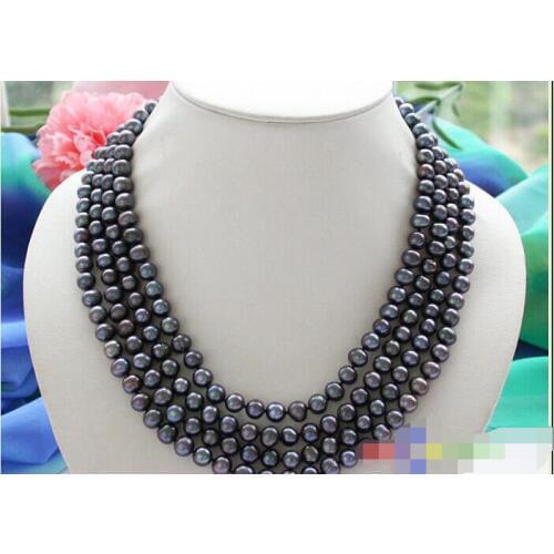 CB90 Beautiful 4row 17" 8mm black round freshwater cultured pearl necklace