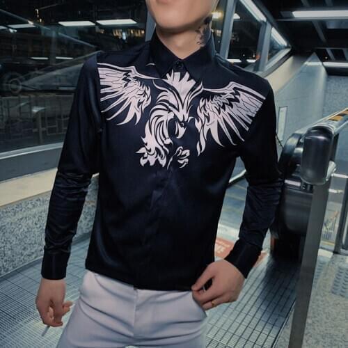 Masculina Men Camisa Streetwear Night Club Party Shirt Floral Print Men Shirt LongSleeve Casual Slim Fit Dress Shirt Black White