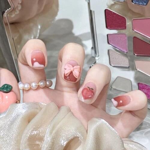 Peach orange powder gradient bow short square head wear manicure wearable net red fake nail finished Nail Patch False Nail
