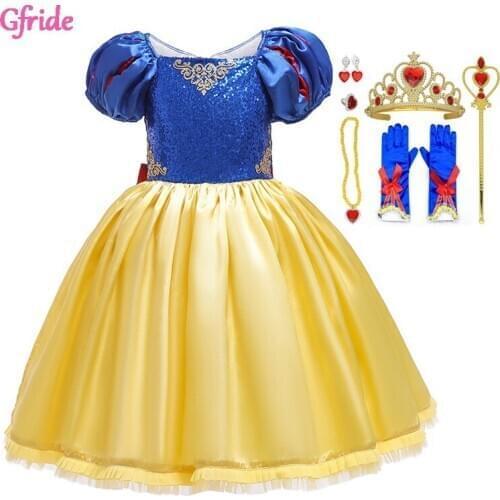 Puff Sleeve Girls Dress Snow Queen Dress Halloween Princess Cosplay Costume Kids Dresses for Girls Sequined New Year Clothing