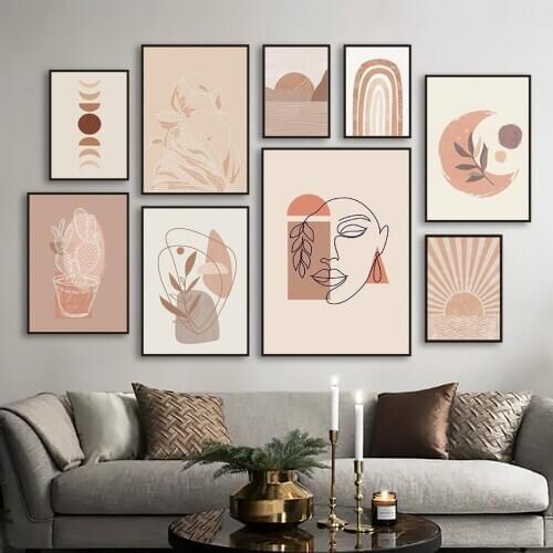 Sun Moon Flower Plants Leaves Girl Face Wall Art Canvas Painting Nordic Posters And Prints Wall Pictures For Living Room Decor