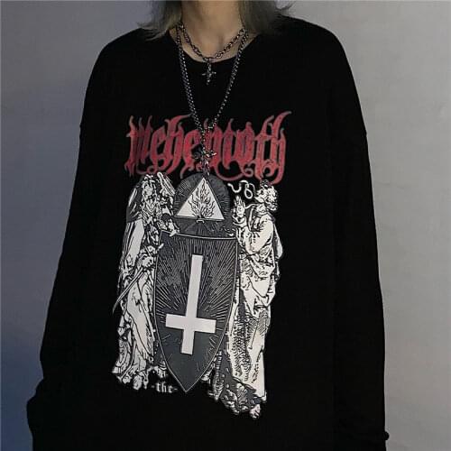 QWEEK Vintage Gothic Goth T-shirt Women Y2k 2021 Fashion Korean Style Long Sleeve Balck Letter Print Top Oversized Tee