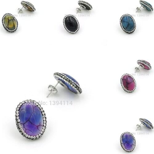 Mixed Colors Agat e Oval Bead Pave CZ Stud Earrings Approx 20*15 mm