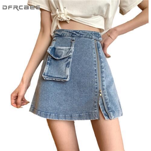 Vintage Blue Zipper A-Line Mini Skirt With Pockets 2020 Summer High Waist Women Denim Skirts Streetwear Short Jupe Jean Femme