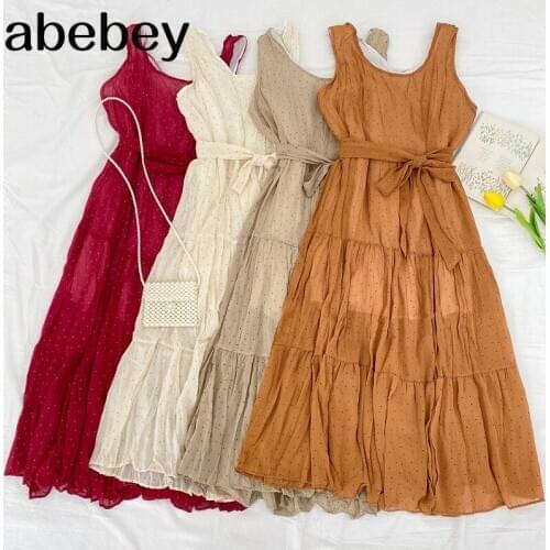 2021 New Summer Women Sweet All-match O neck polka dot print Dress waist band pleated sleeveless Chiffon Dress