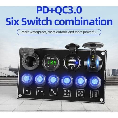 6 Gang Rocker Switch Panel 12V Waterproof Toggle Led Voltmeter Car Accessories QC3.0 Quick Charge PD USB Truck Boat Vehicles