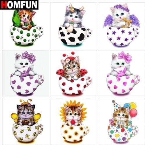 HOMFUN Diamond Embroidery DIY Diamond Painting Cross Stitch Kit "Cat cup cartoon" 5D Needlework Diamond Home Decoration