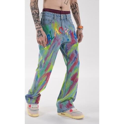 Graffiti Hand Painted Frayed Streetwear Casual Jeans for Men Straight Harajuku Oversize Loose Denim Trousers Washed Retro Jean