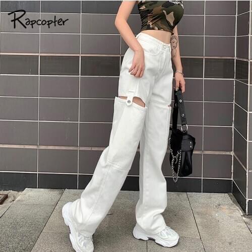 Rapcopter Hollow Out Jeans Pants High Waist Trousers Women Pockets 100% Cotton High Street Denim Cargo Pant Streetwear Y2K Pants