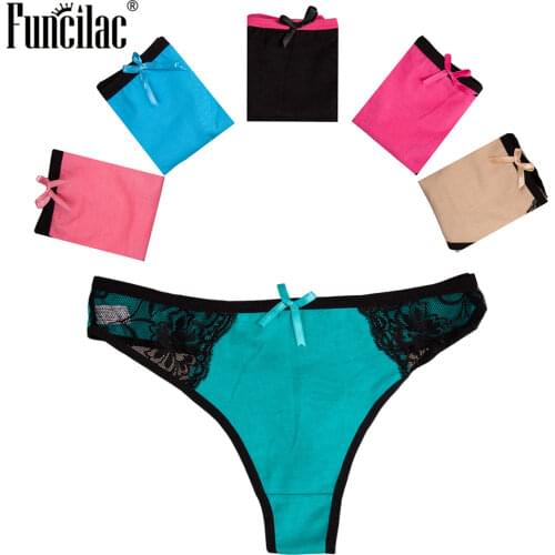 FUNCILAC Underwear Women Lace Patchwork Thong Sexy Transparen G-String Macaron Color Panties Female Underwear Lingerie 5Pcs/Lot