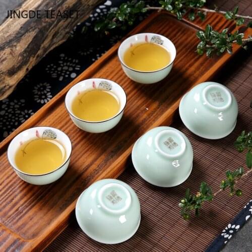 4pcs/lot Chinese Ceramic Teacup Modern Jade Porcelain Celadon Tea Bowl Master Tea Cup Personal Single Cup Small Cups Travel