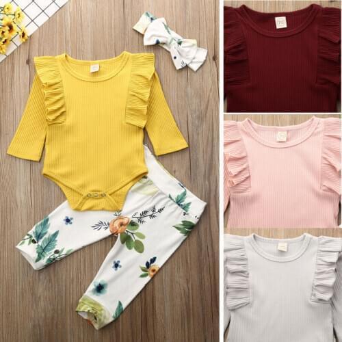 Newborn Baby Girl Ruffle Knitted Romper Flower Long Pants Headband Clothes Set Kids Girls Infant Clothing Suit