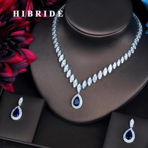 HIBRIDE Luxury Marquise Cut Cubic Zirconia Women Jewelry Sets Blue Water Drop Set Wedding Dress Accessories Party Gifts N-486