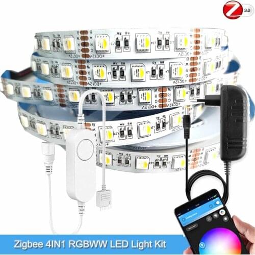 Zigbee LED RGBW Controller 5050 IP65 RGBWW 4in1 LED Strip Light+12V/24V Power Supply Kit For zigbee Smartthings Hub-e Echo Plus